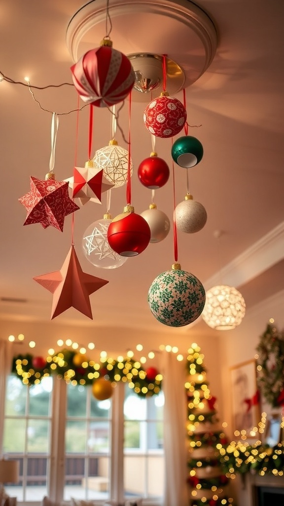 Colorful DIY Christmas ornaments hanging from the ceiling in a festive living room.